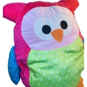 Large Pink Green Polka dot Plush Owl Pillow Multicolored Stuffed Animal Toy 20”